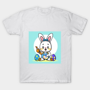 Easter Bunny Coloring Eggs, Easter Bunny Painting, Cute, Fun, in Blue T-Shirt